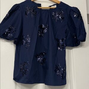 Crown & Ivy blue sequin puff sleeve blouse. 
Navy Size PL
